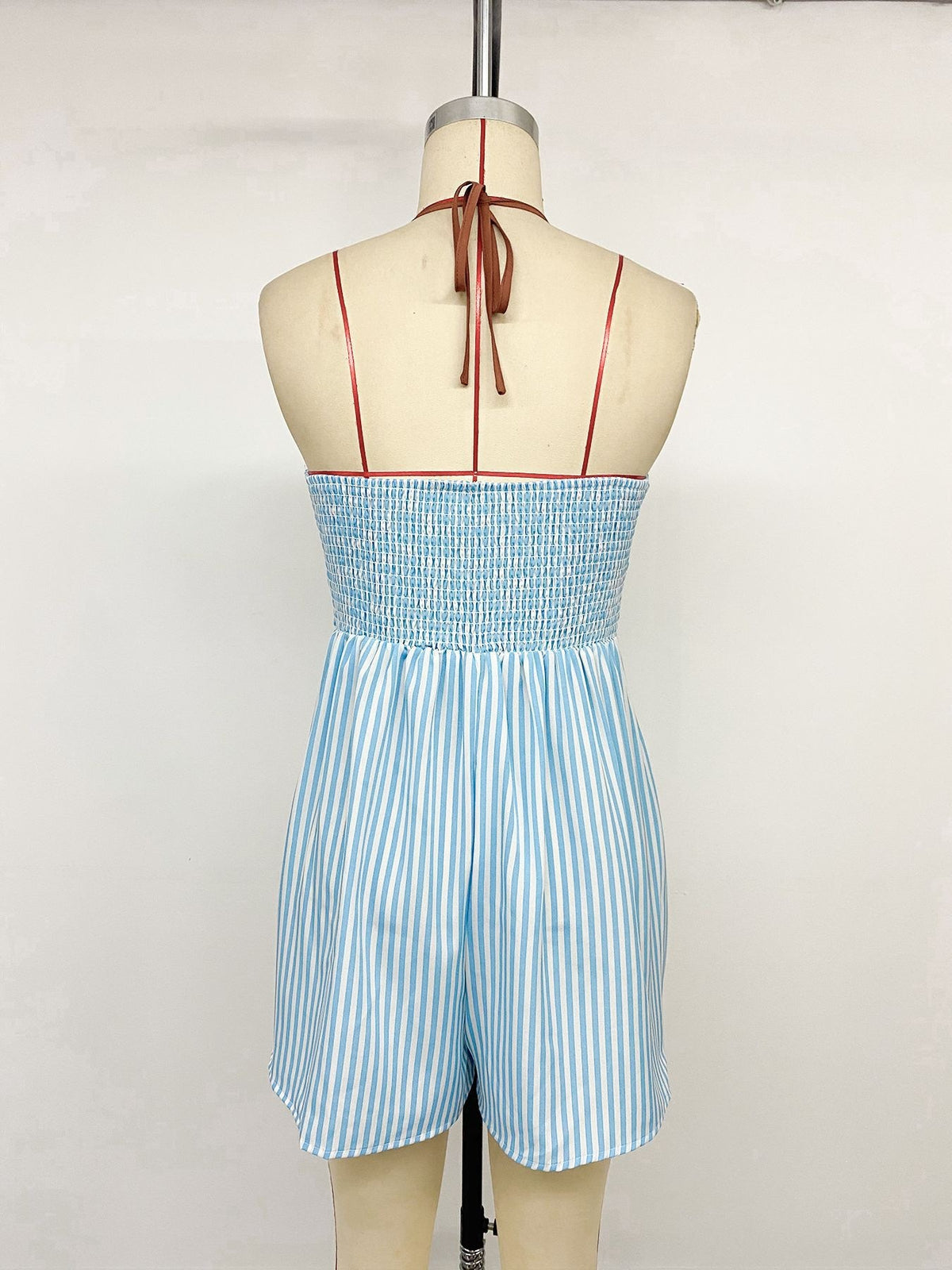 Summer Office V neck Smocking Halter Striped Jumpsuit Women