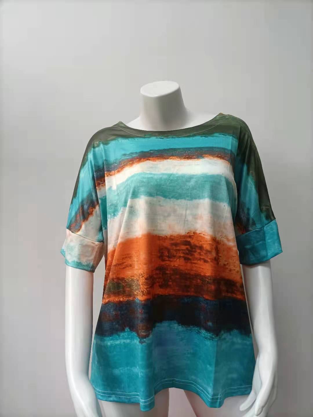 Women Clothing Summer Gradient Contrast Women Short-Sleeved T-shirt Women