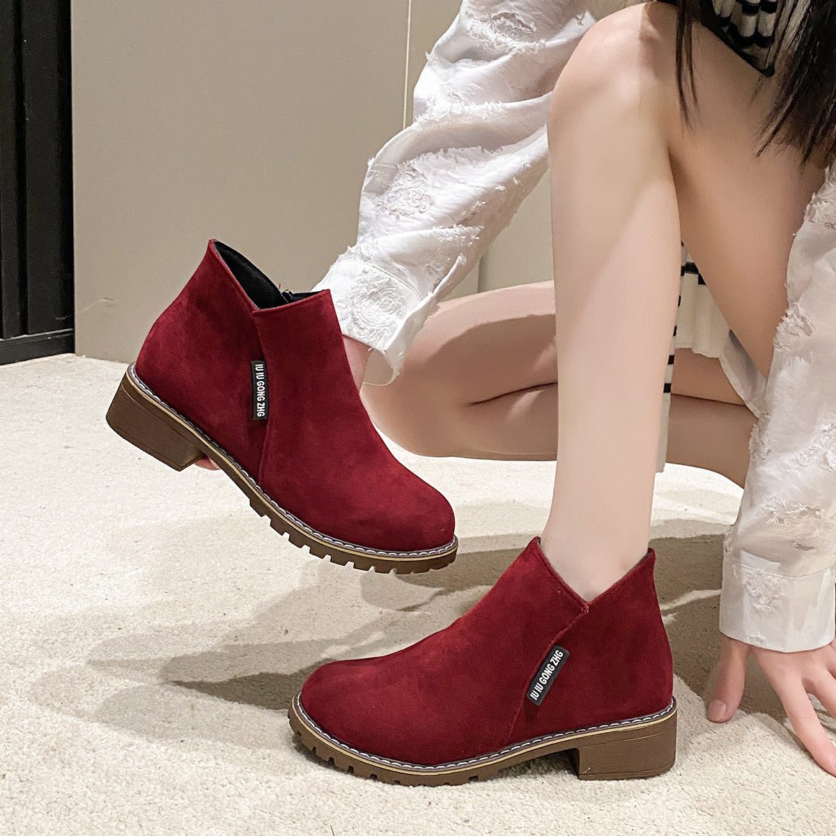 Short Mid Heel Retro Frosted Short Boots Women Thick Heel Flat Side Zipper Martin Boots