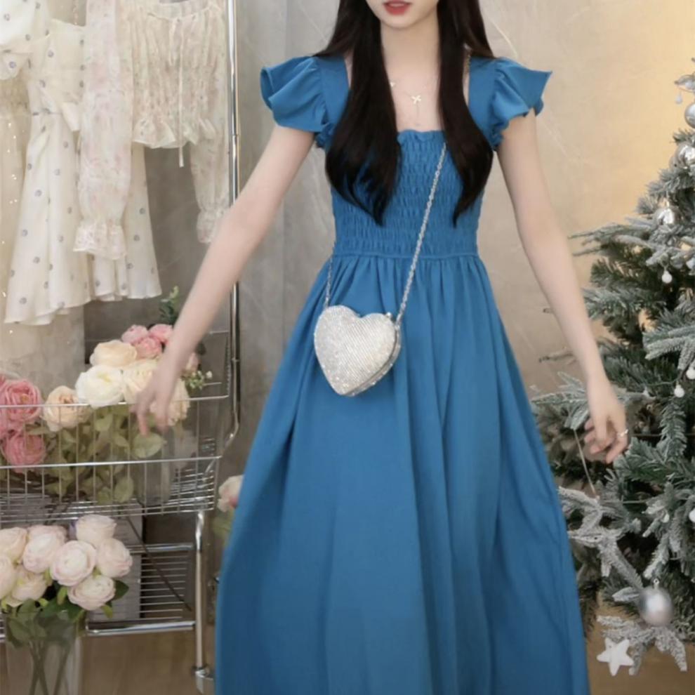 Summer French Flying Sleeve Pleated Waist Tight Dress Hepburn Square Collar Tea Break Midi Dress