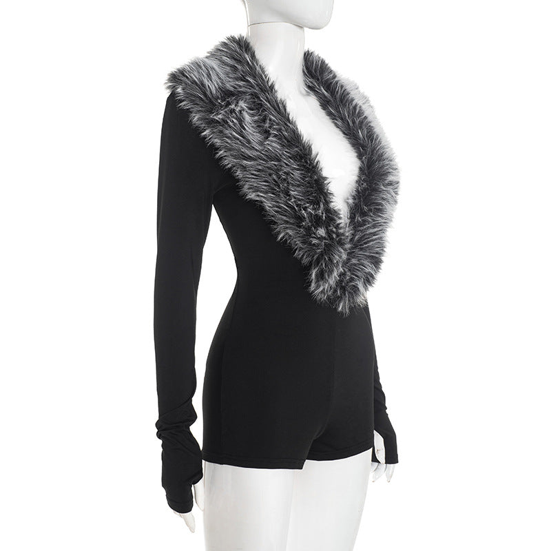 Women Clothing Autumn Winter Elegant Fur Collar Deep V Plunge Long Sleeve Tight Fitting Solid Color Elegant Romper