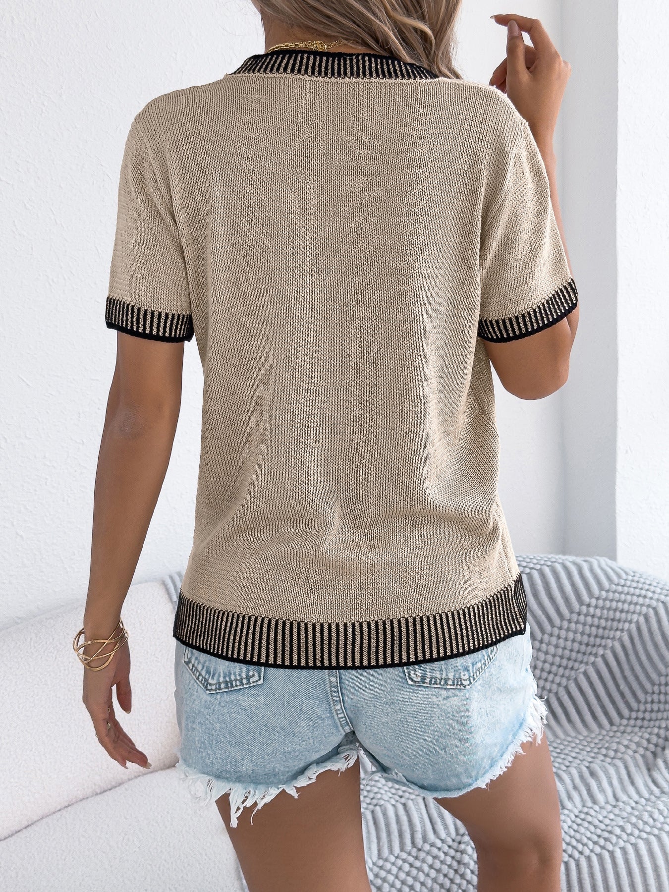 Spring Summer Casual Contrast Color Striped Pocket Short Sleeve Knitwear Women Clothing