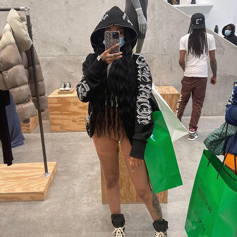 Women Wear Autumn Solid Color Letter Graphic Printing Ke Peng Hooded Long Sleeve