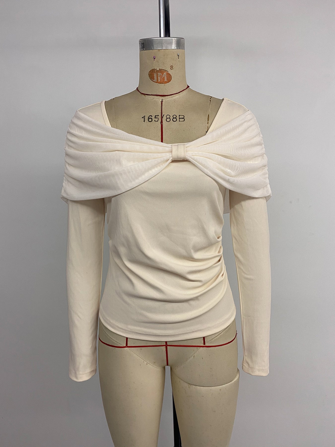 French Patchwork Cold Shoulder T shirt Women Ladies Elegant Pleated Design Slim Fit Sexy Long Sleeve Top