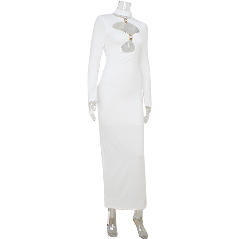 Women Design Hollow Out Cutout out High Class Elegant Slim Fitting Simple Solid Color Maxi Dress Hip Dress