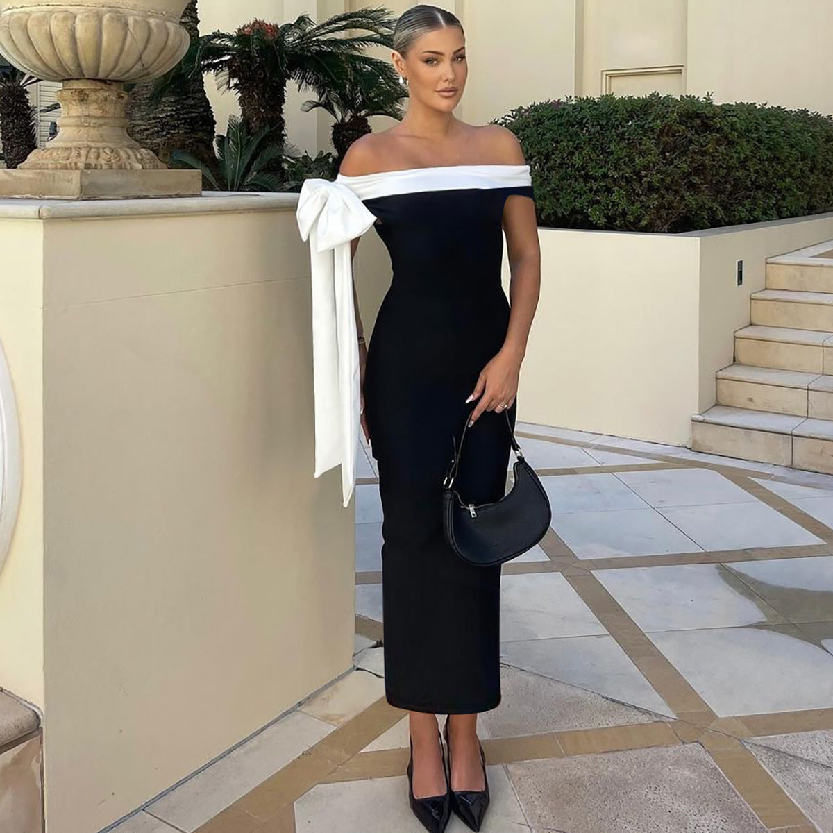 Women Clothing Autumn Winter Fashionable off Shoulder Ribbon Slim Solid Color Dress