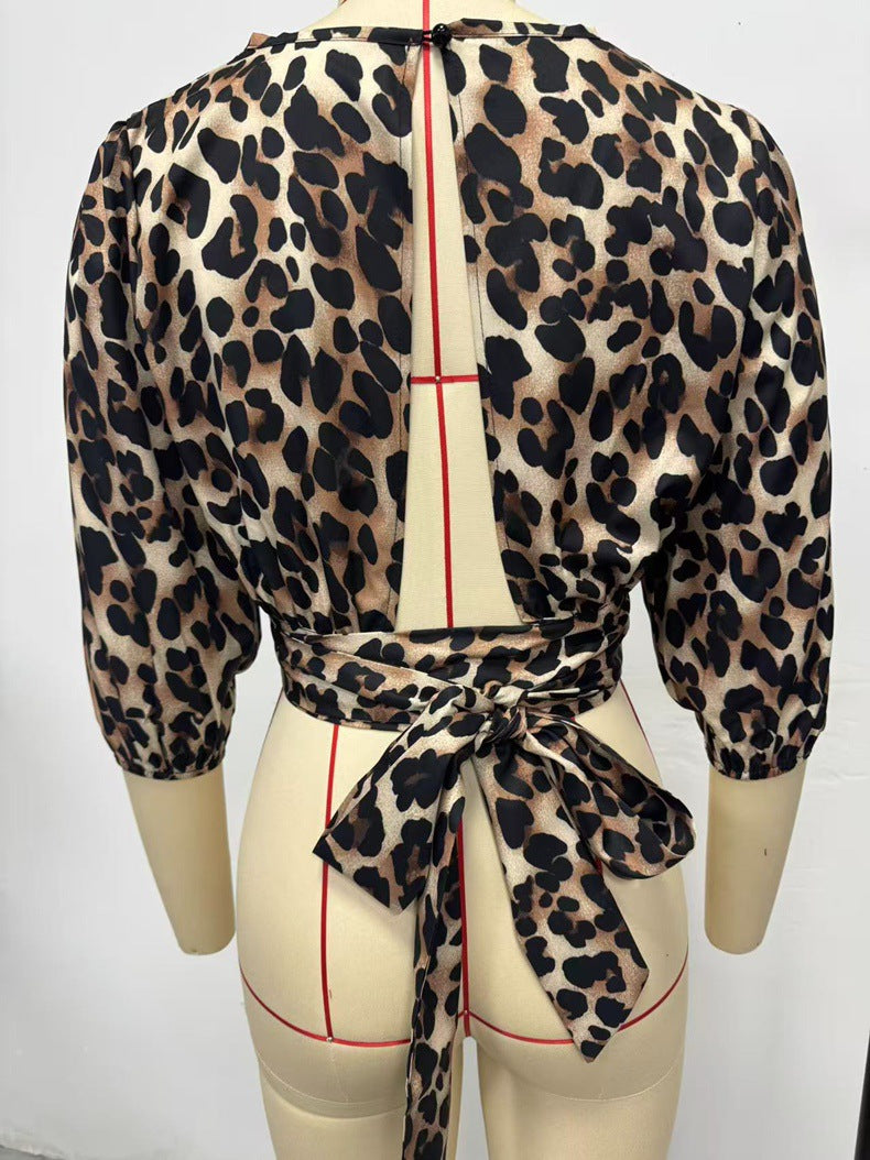 Women Clothing Fall Satin Satin Shirt Sexy Leopard Print Top Shirt