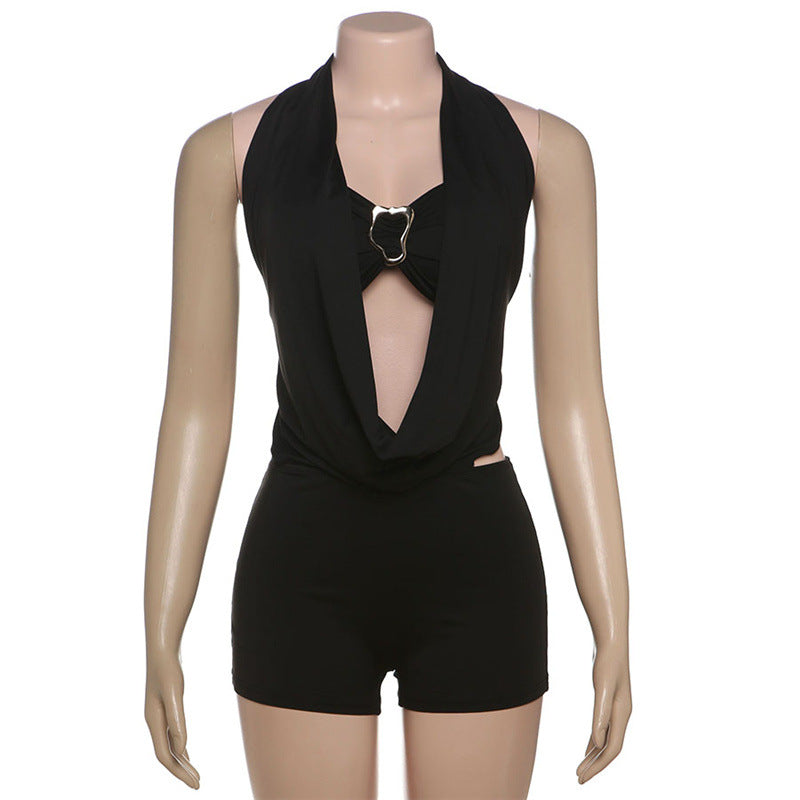 Summer Women Sexy Tube Top Halter Deep V Plunge neck Backless Lace up Jumpsuit Set Women