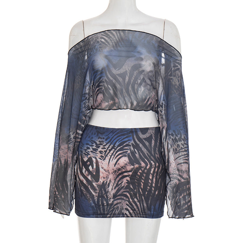 Women Clothing Blooming Tiger Stripe Pattern Mesh off Shoulder Long Sleeve Top Skirt Set