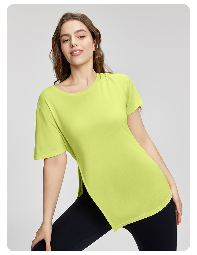 Plus Size Yoga Clothes Blouse Women Summer Loose Breathable Thigh Length Casual T shirt Side Slit Exercise Short Sleeve