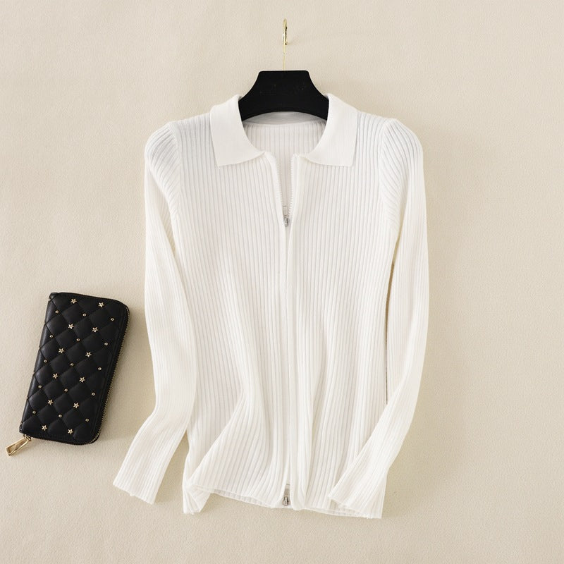 Knitted Bottoming Solid Color Slim Fit Top Long Sleeve Polo Collar Women Short Sweater Autumn Winter Cardigan