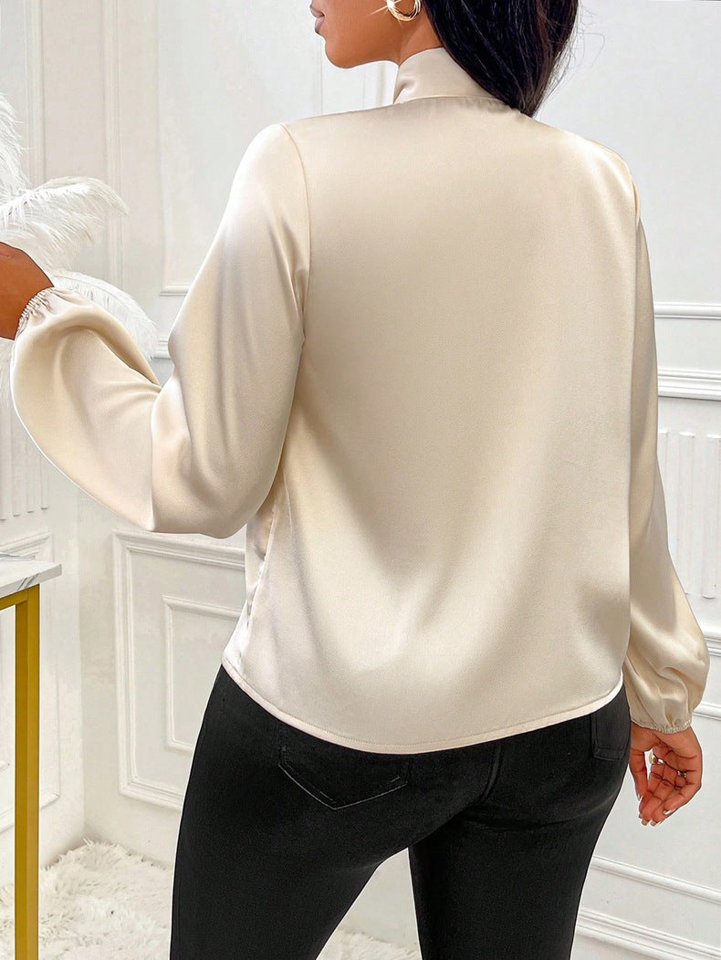 Women Clothing Autumn Satin Shirt Bow Long Sleeve Top