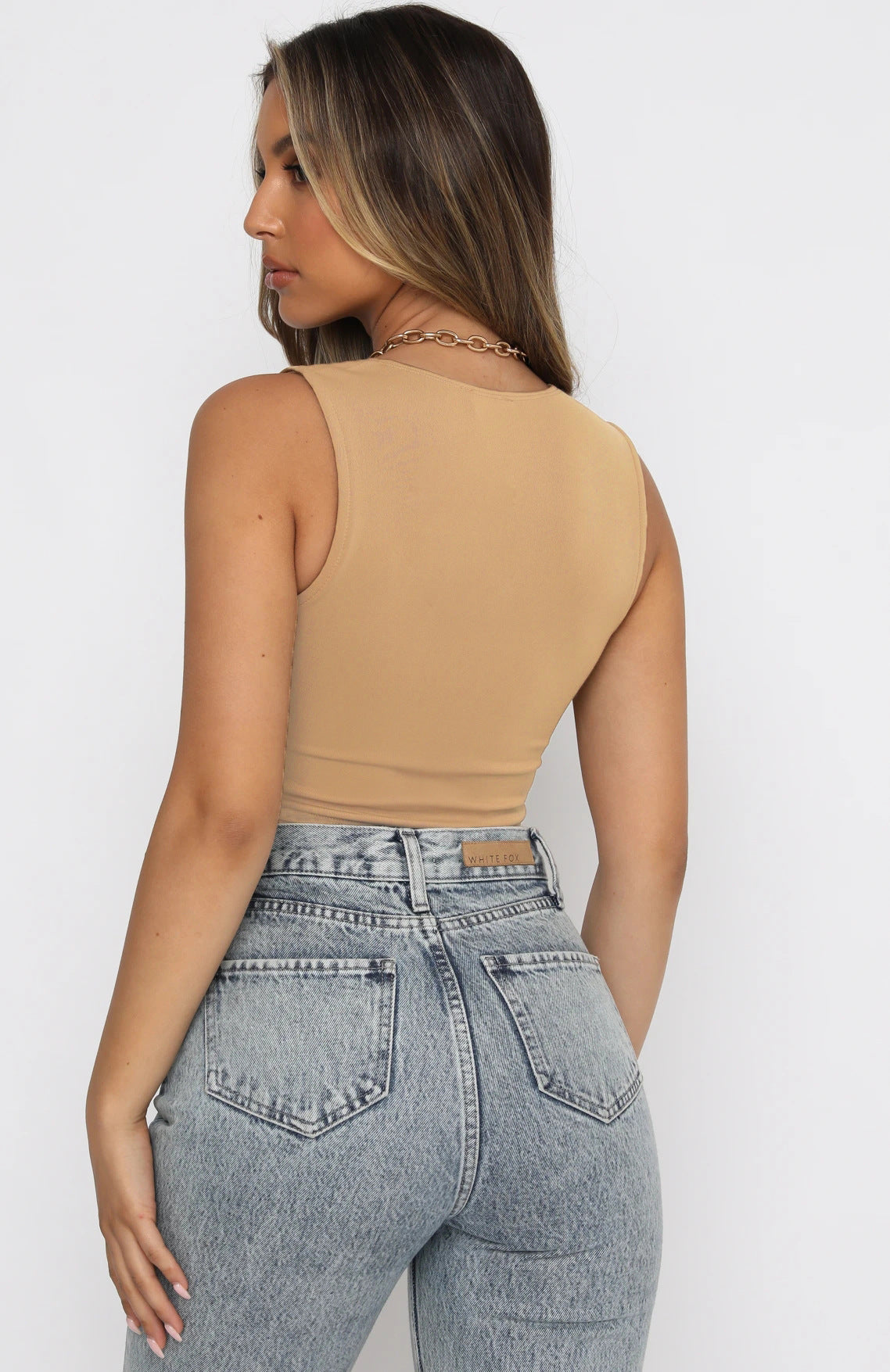 Women Summer Cropped V-neck Solid Color Small Top Metal Ring Hollow Out Cutout Backless Sexy Slim Vest