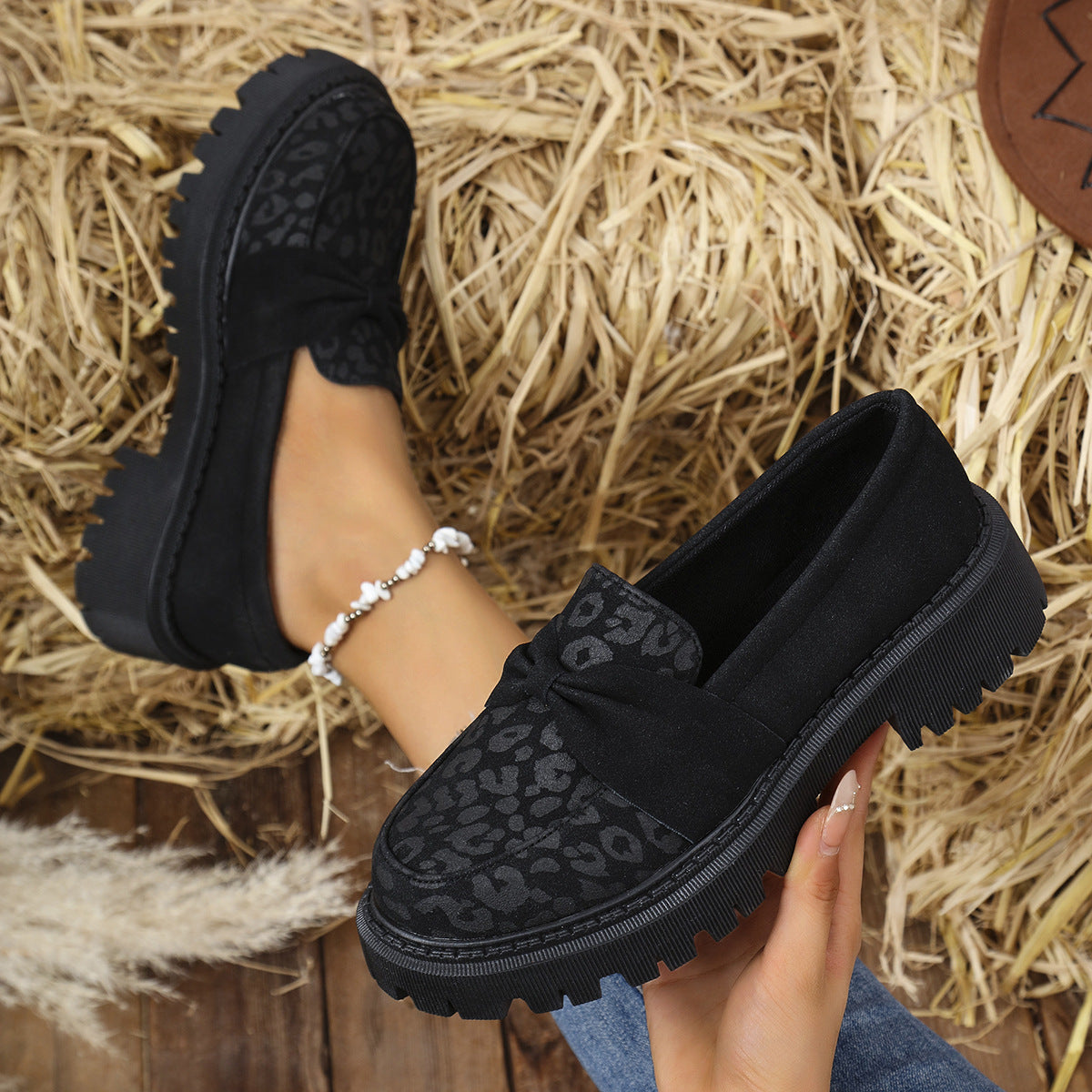 Leopard Print Color Matching Platform Shoes Women Retro Mid Mouth Slip on Loafers
