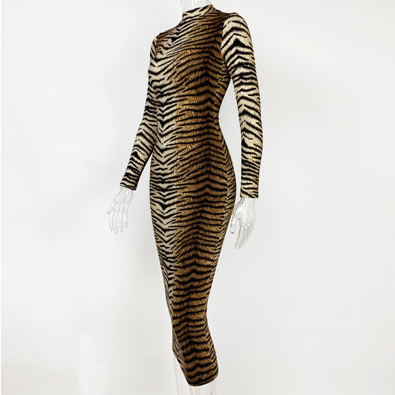 Autumn Winter Women Clothing Leopard Print Long Sleeve Sexy Slim Dress