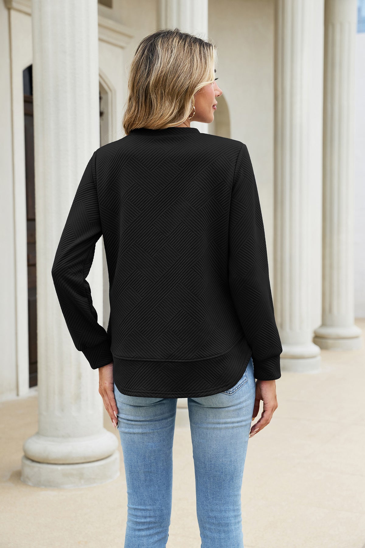 Autumn Winter Solid Color round Neck Loose Long Sleeved Sweater Plaid Top Women