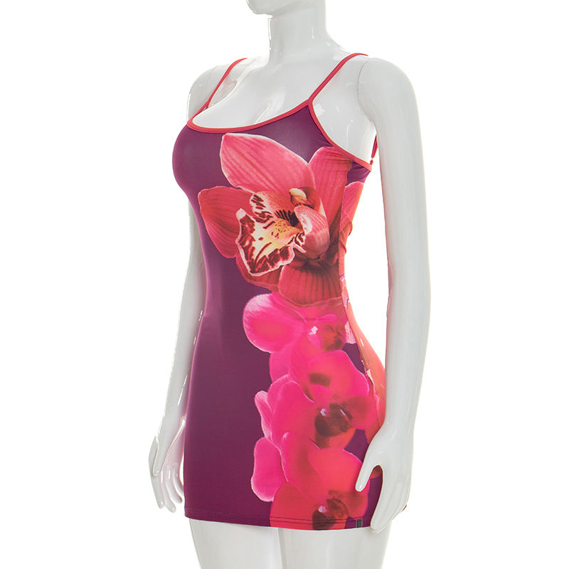 Women Clothing Summer Casual Floral Print Sling a Swing Sleeveless Slim Short Dress