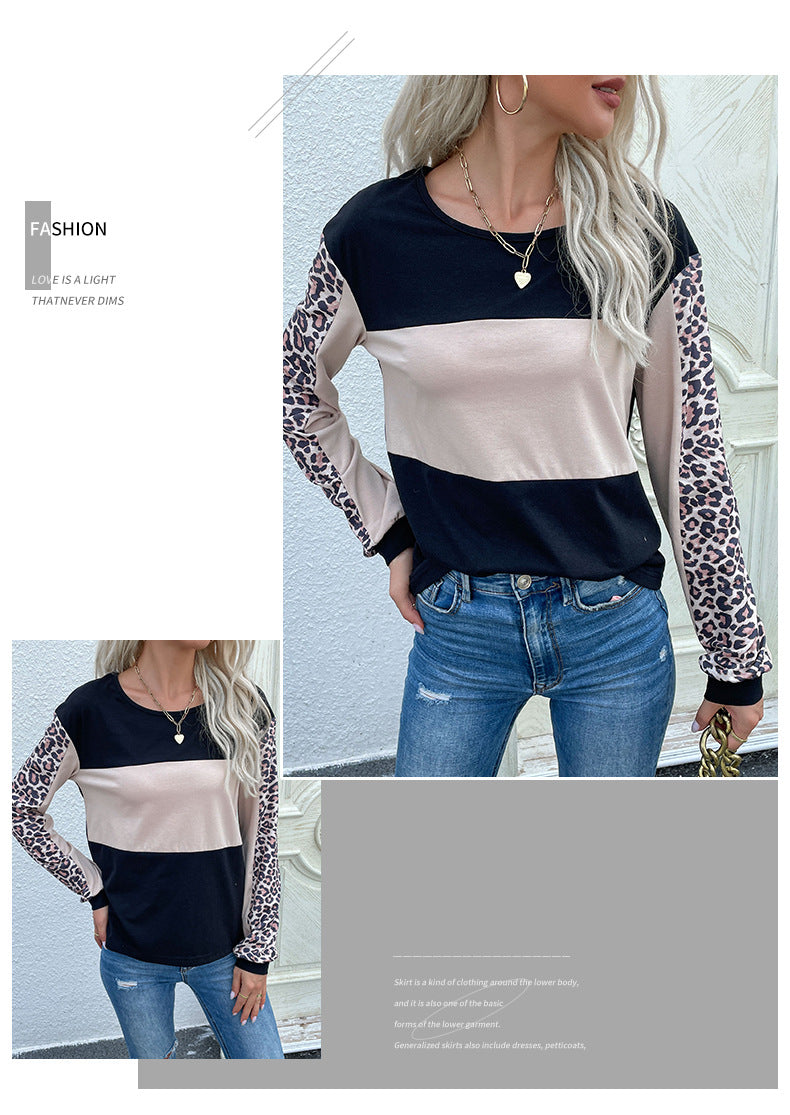Autumn Loose Casual Top Leopard Print Stitching Long Sleeve T Women Sweatshirt