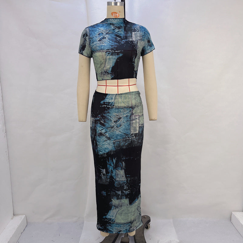 Summer Women Stand Collar Cropped T shirt High Waist Hip Skirt Bottoming Casual Two Piece Sets