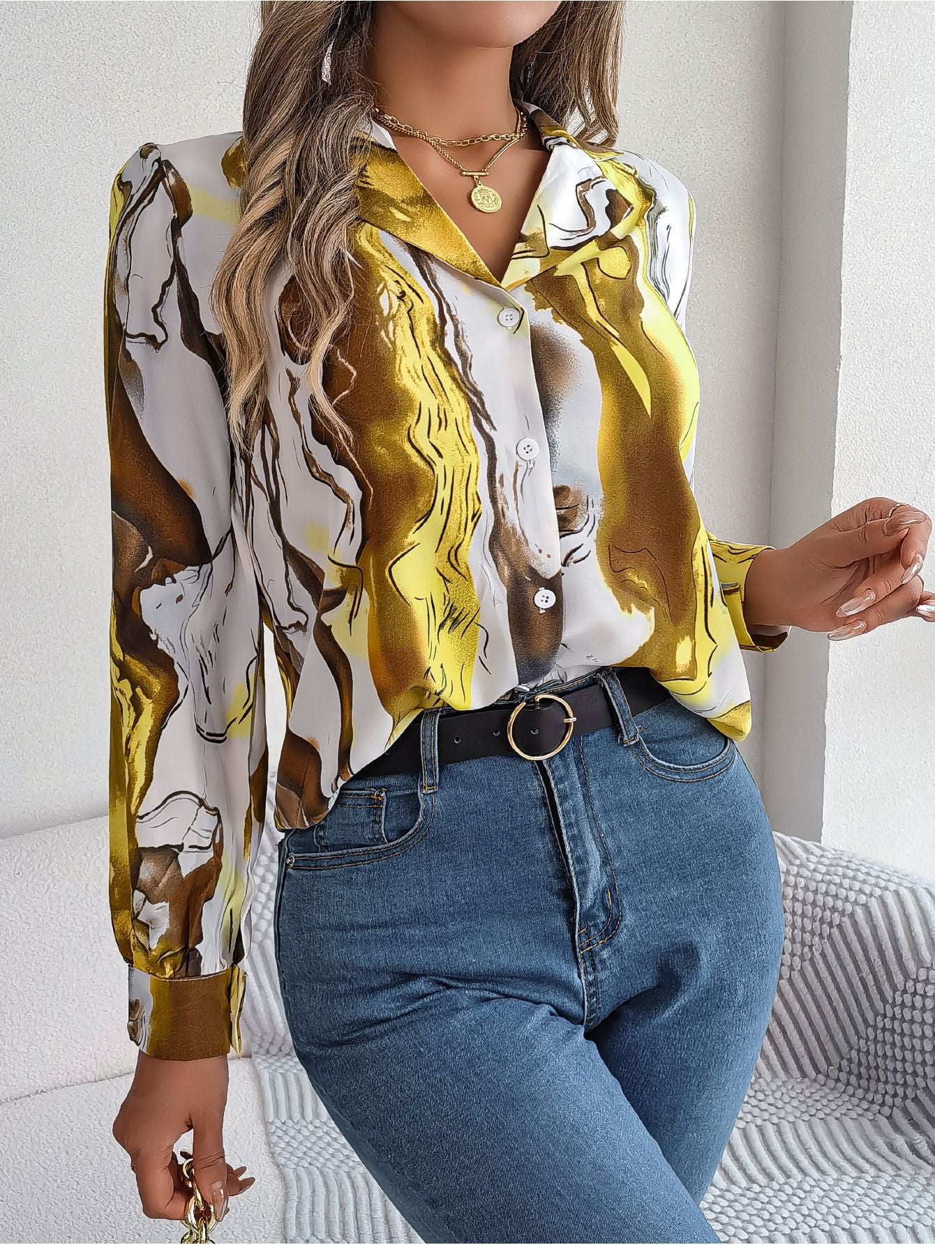 Autumn Winter Casual Contrast Color Striped Collar Long Sleeve Shirt Women Clothing
