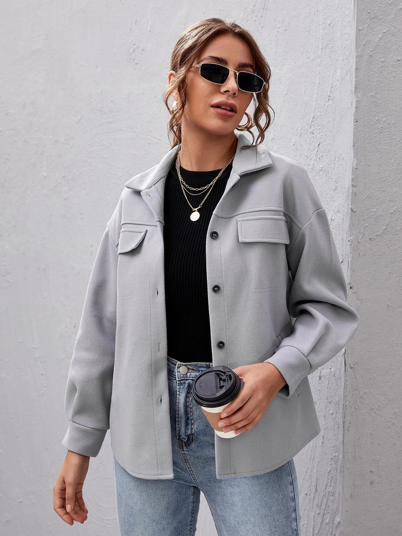 Autumn Winter Woolen Coat Single-Breasted Padded Shirt All-Match Solid Color Baggy Coat Women