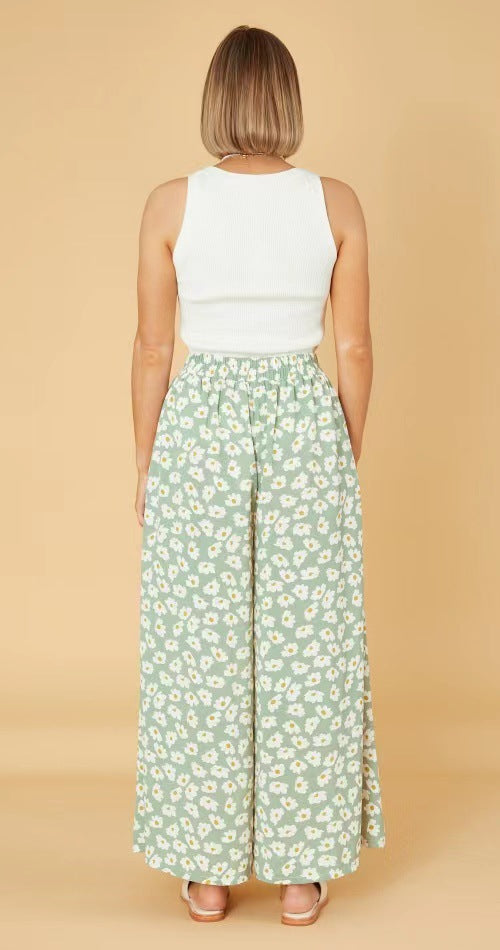 Spring Summer Office Green No Belt Loose Little Daisy Cotton Trousers Mid Waist Women Wide Leg Pants