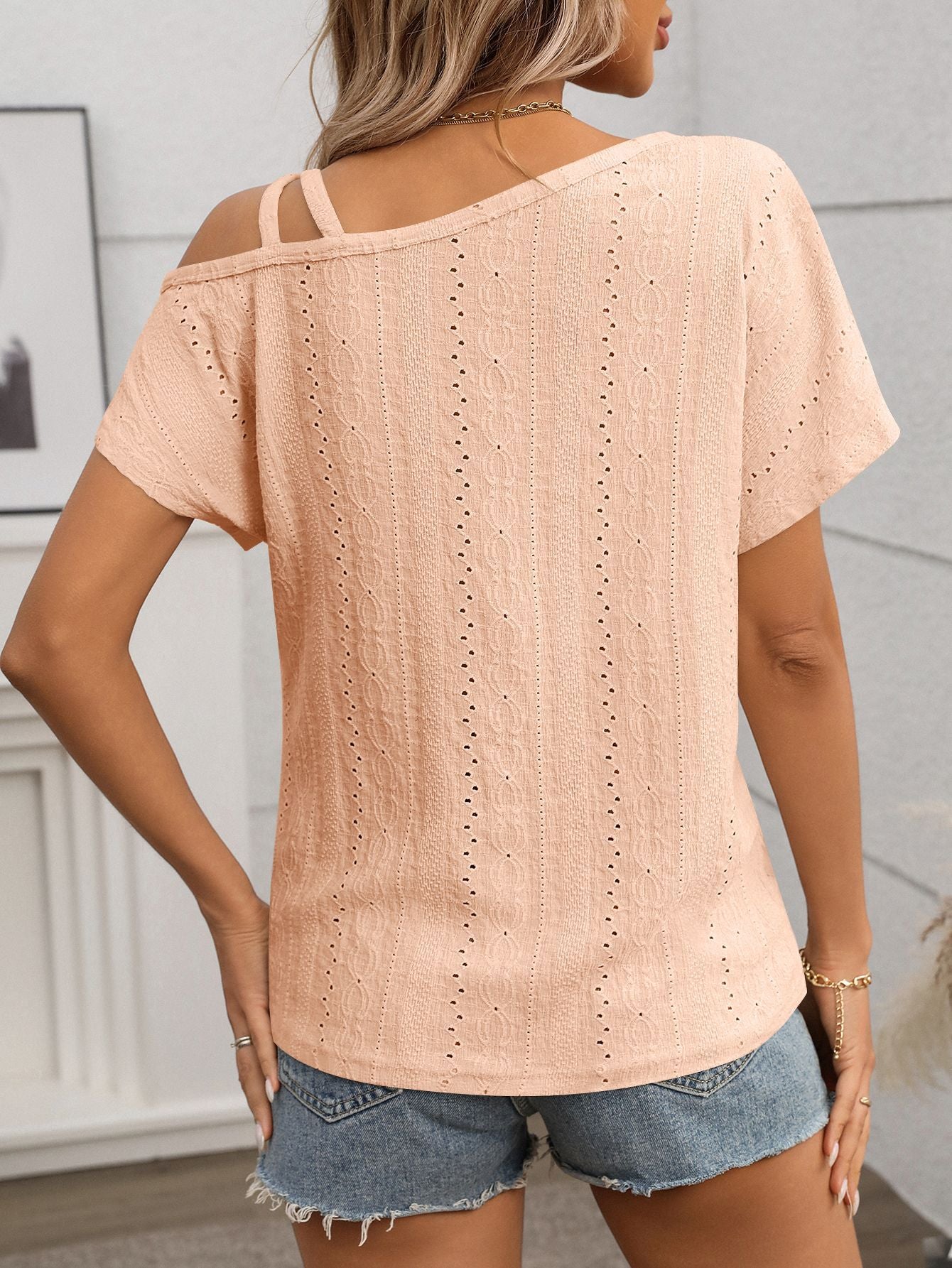 Summer Women Clothing Solid Color One Shoulder Short Sleeved T shirt Hollow Out Cutout out Top Women
