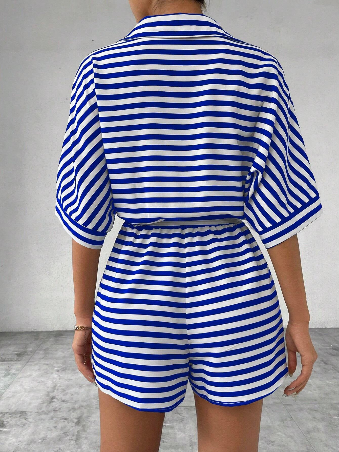 Summer Women Clothing Striped Collared Cardigan Button Half Sleeve Shorts Jumpsuit