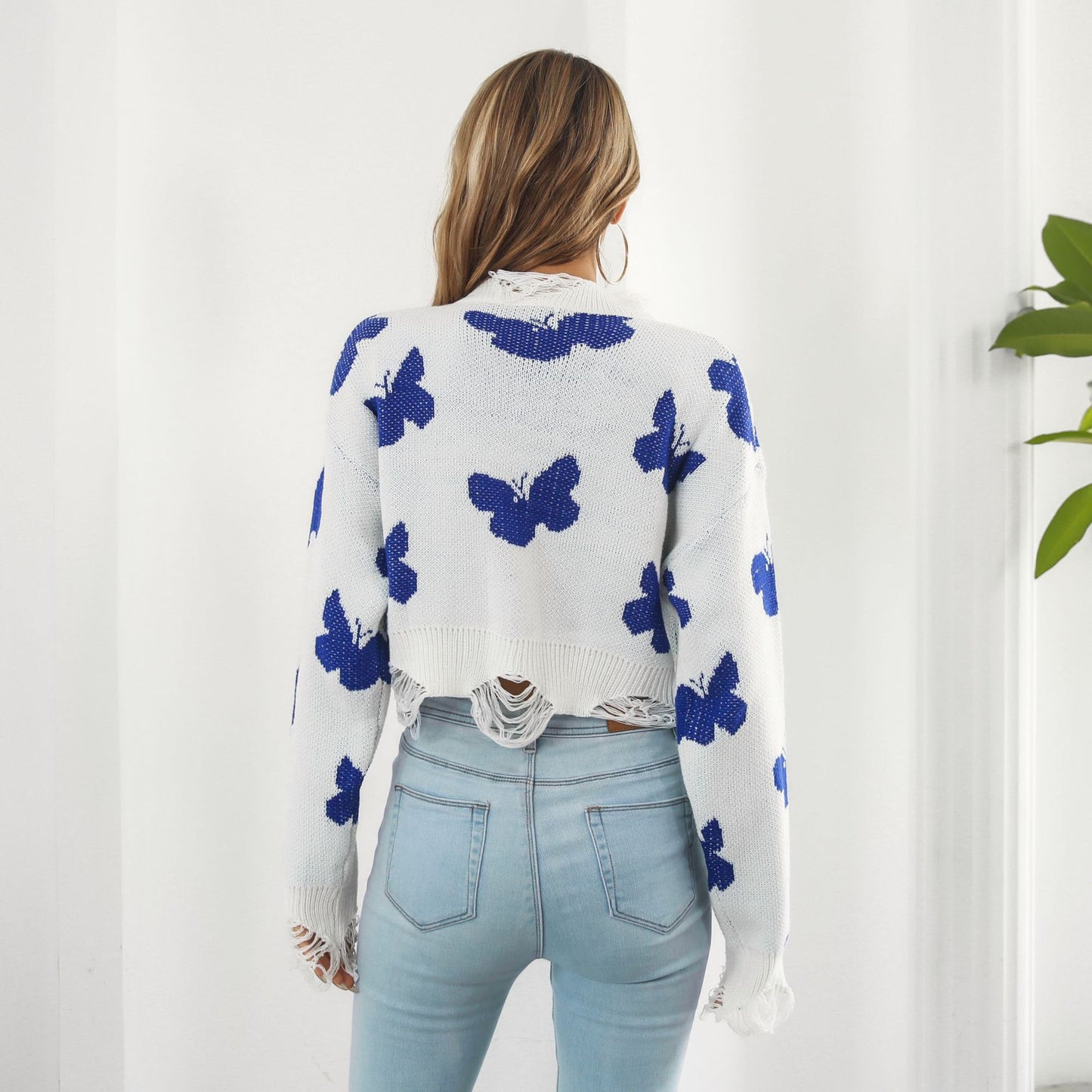 Ripped Butterfly Jacquard Short Sweater Women Autumn Winter Long Sleeve Sweater Sweater