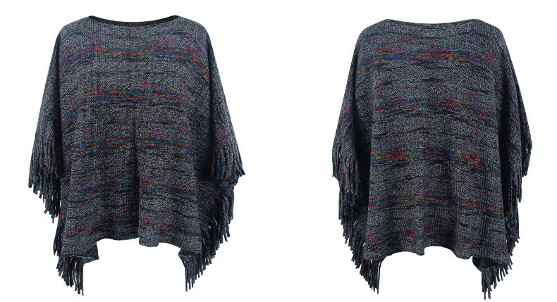 Tassel Cape Shawl Women Autumn Winter Outerwear Striped Knitted Cape