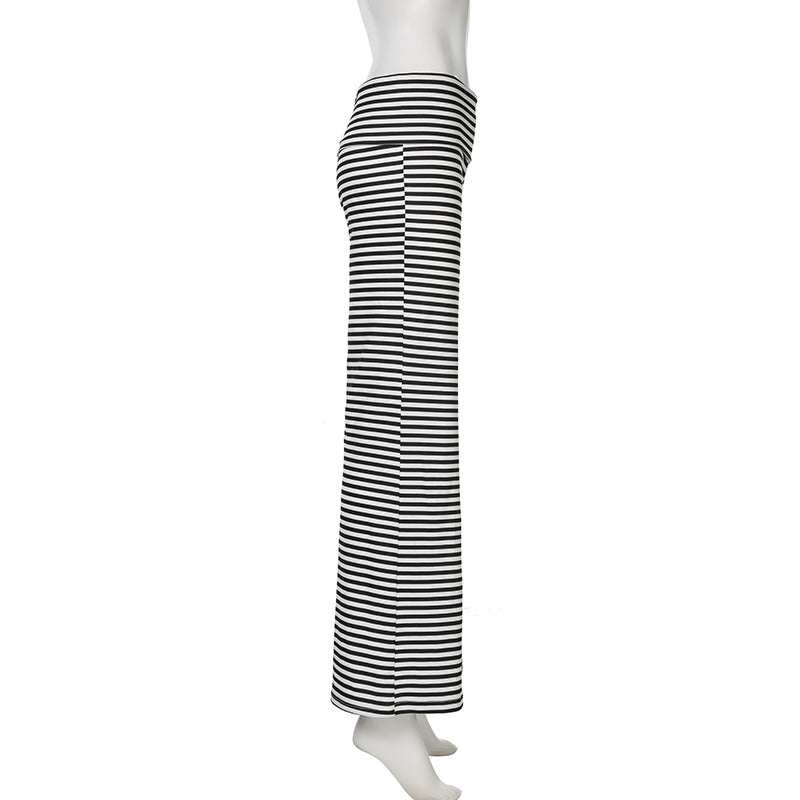 Casual Women Clothing Turn over Waist Striped Color Matching Straight Wide Leg Pants Home Comfortable Loose Trousers