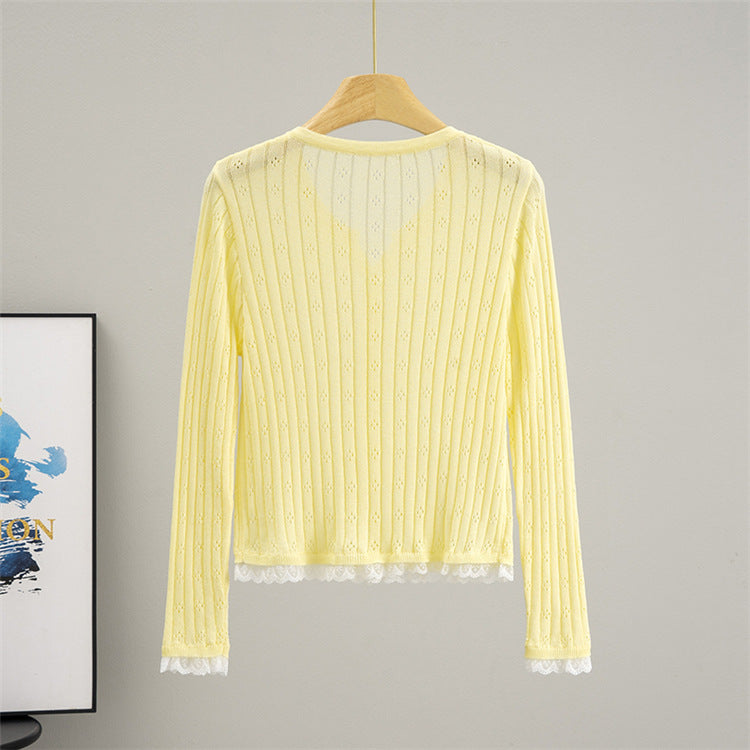 Hollow Out Cutout out Crocheted Lace Knitted Cardigan Women Summer Thin Slub Linen Sun Protection Shirt Top