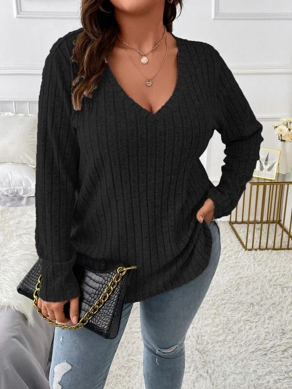 Autumn Winter Solid Color plus Size Women Clothes Top V neck Long Sleeve Sunken Stripe Brushed T shirt Loose Pullover
