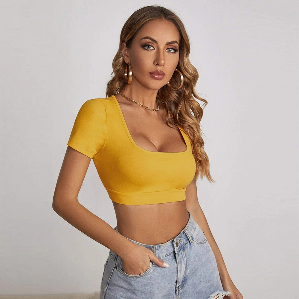 Women Clothing Summer New Square Collar cropped T-shirt Sexy Slim Street Short Sleeve