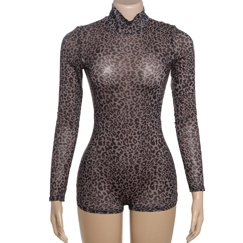 Summer Women Clothes Sexy Half Turtleneck Leopard Print Slim Slimming Sheath Jumpsuit