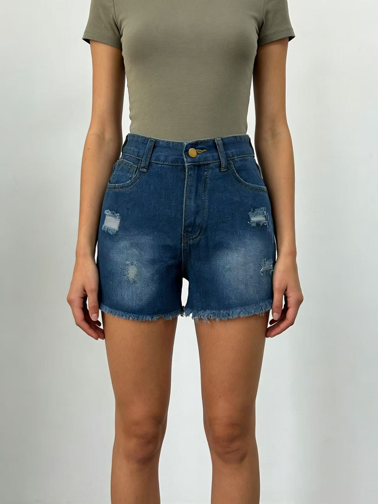 Women High Waist Slim Ripped Shorts