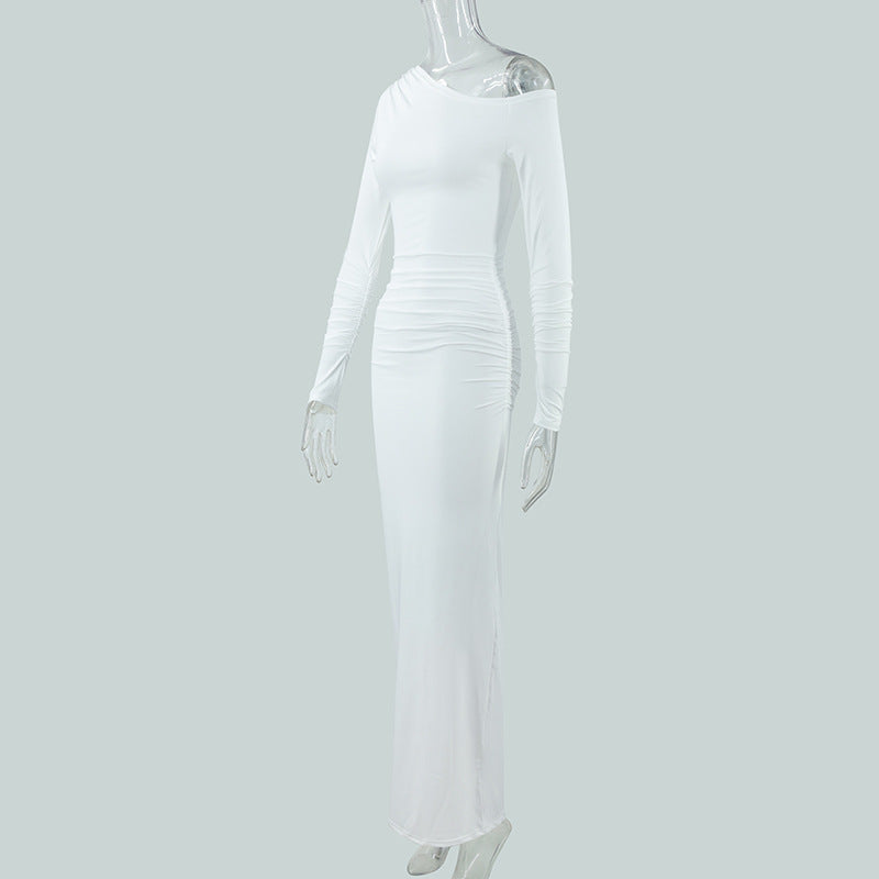 Sexy Women Clothing Sloping-Shoulder off the Shoulder Long Sleeve Slim Fit Pleated Long Socialite Dress