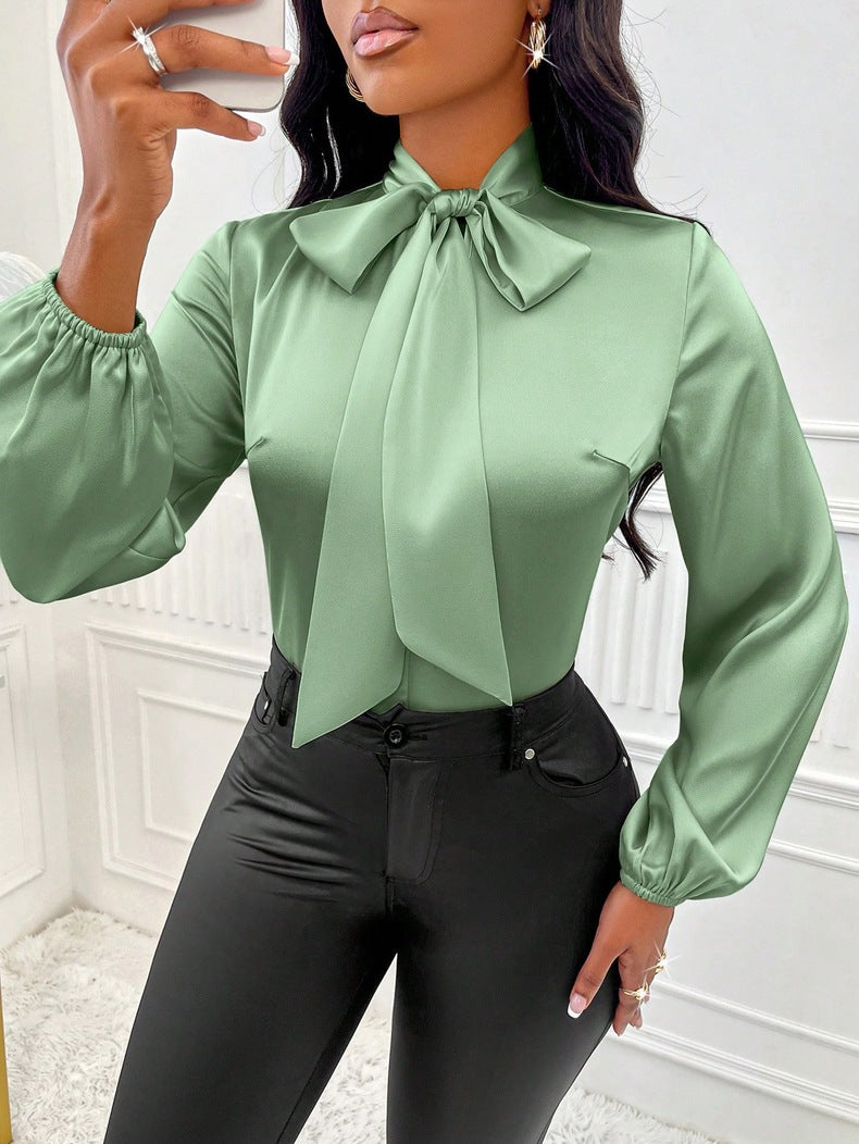 Women Clothing Autumn Satin Shirt Bow Long Sleeve Top
