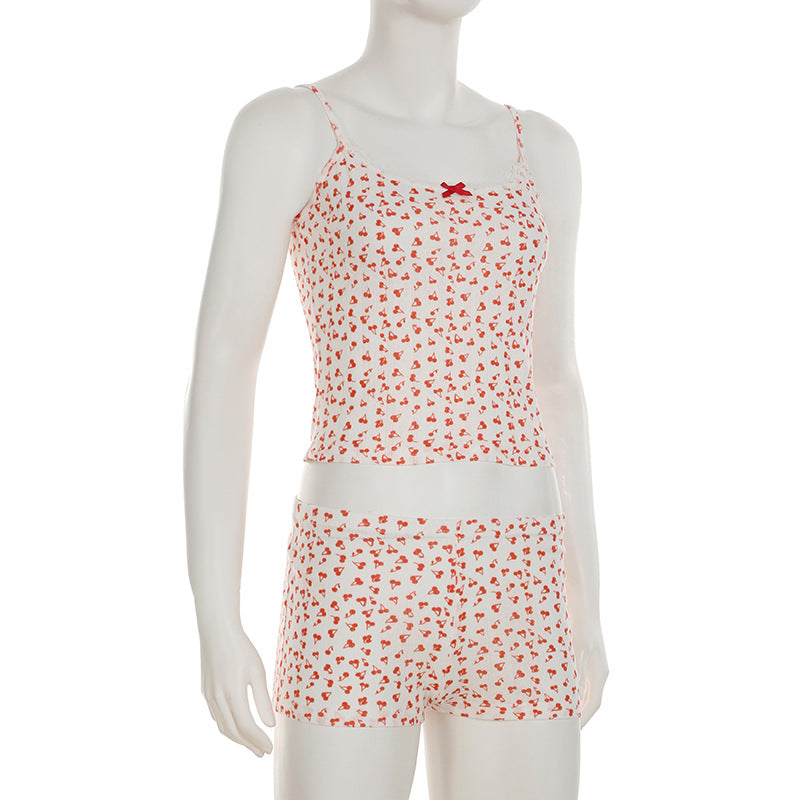 Cute Little Cherry Print Stitching Lace Girl Pajamas Pajamas Shorts Two Piece Set