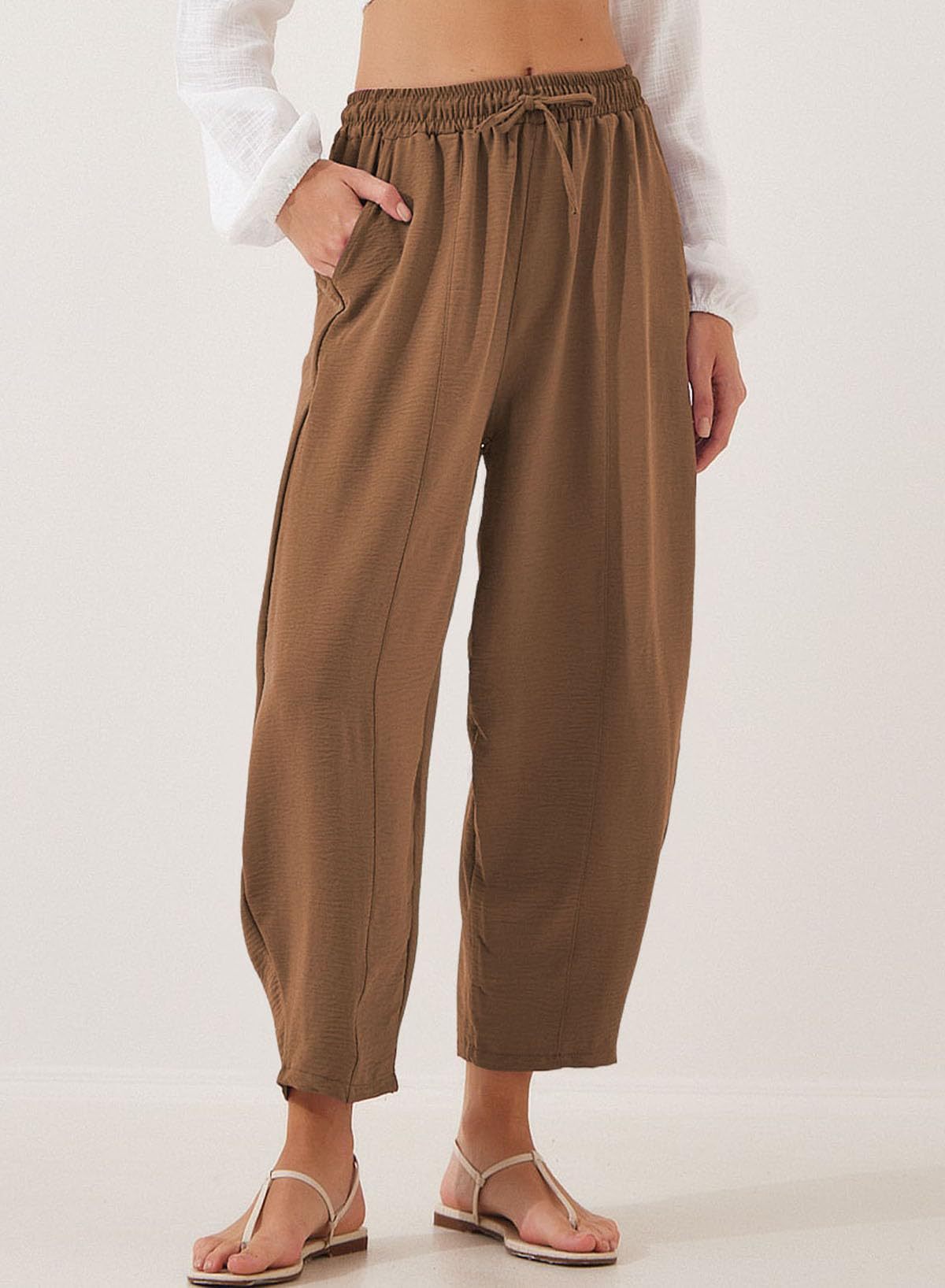 Women Clothing Spring Summer High Waist Loose Vacation Casual Drawstring Pocket Cropped Pants