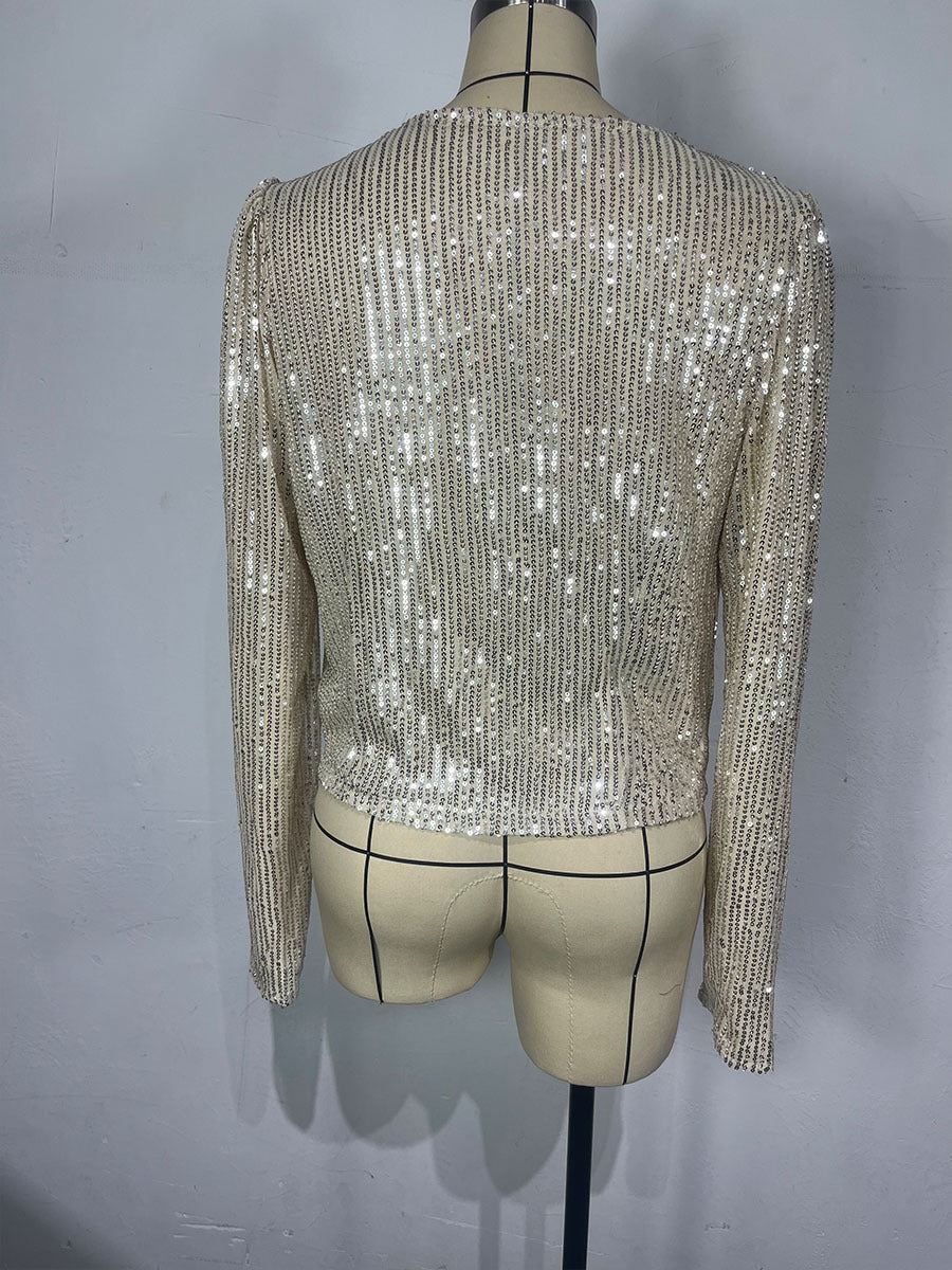 Women Autumn Round Neck Long Sleeve Solid Color Cardigan Casual All Match Sequin Coat