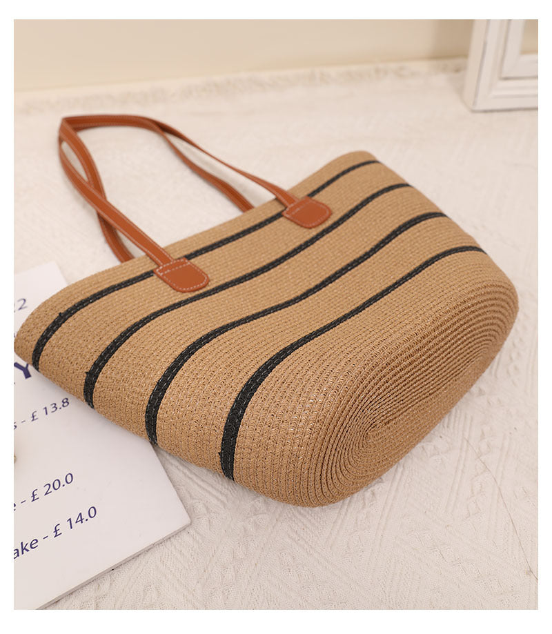 Striped Shoulder Straw Bag Woven Bag Summer Large Capacity Casual All Match Women Seaside Beach Rattan Woven Bag