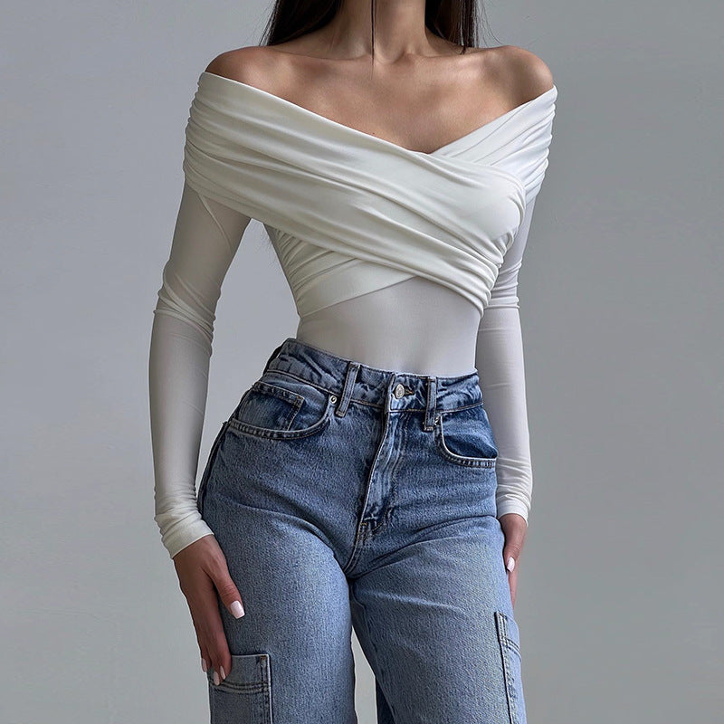 Women Clothing Popular Sexy off the Shoulder Long Sleeve Cross Pleated Slim High Waist Cold Shoulder Elegant Jumpsuit