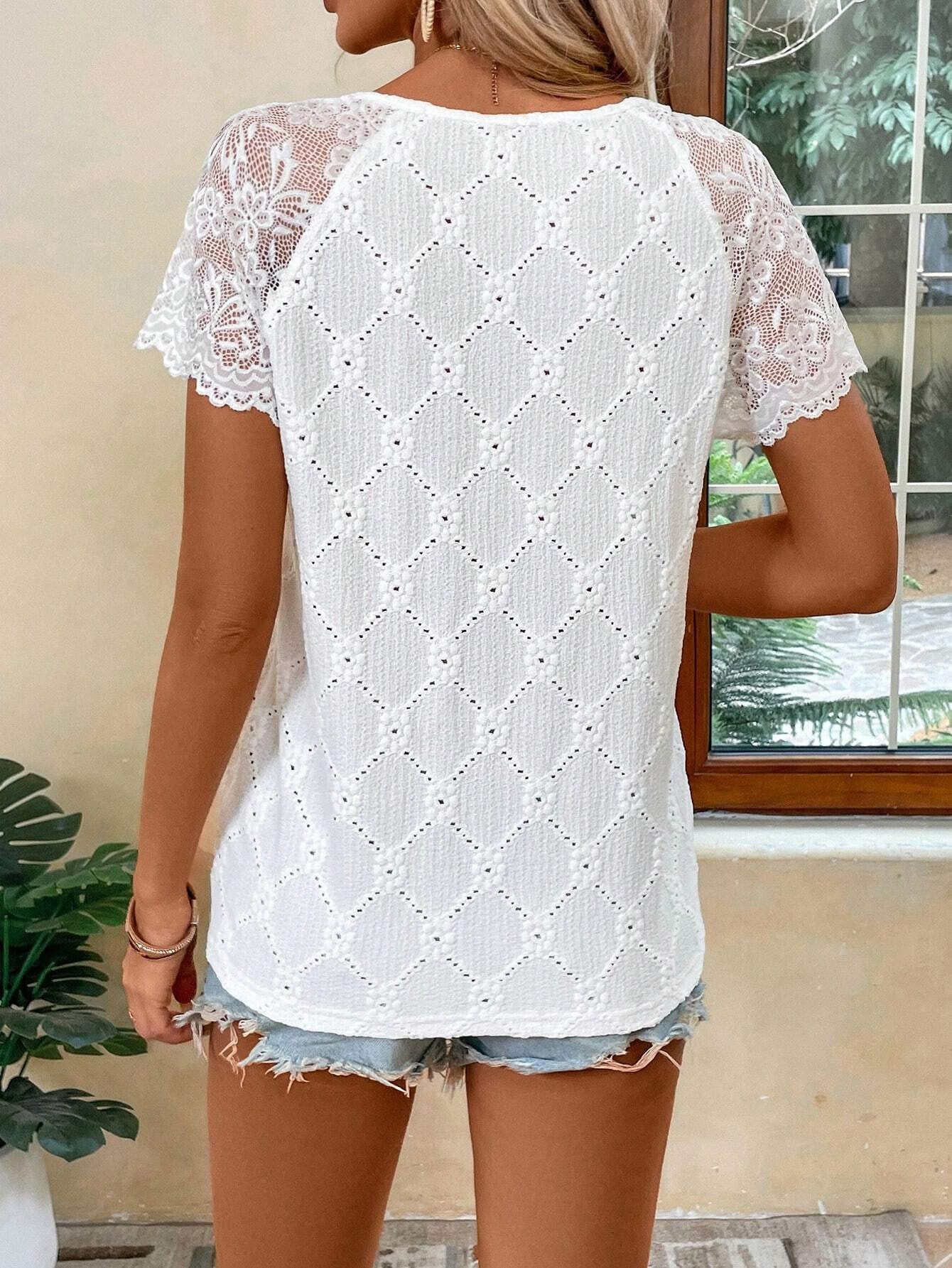 Elegant Women Solid Color Hollow Out Cutout Embroidered Lace Patchwork Short Sleeved T shirt Top Women Clothing