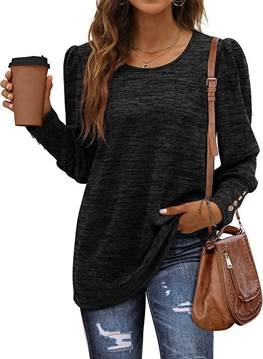 Women Autumn Winter Loose Casual Puff Sleeve Round Neck Long Sleeve T shirt