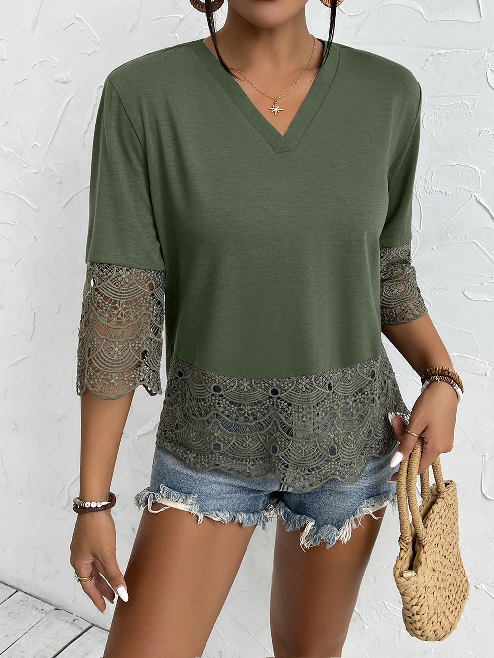 Women Clothing Cutout Lace Stitching Half Sleeve Sexy V neck T shirt Women