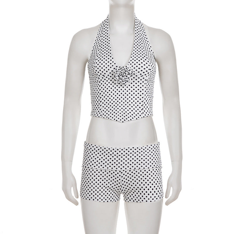Printed Polka Dot Three Dimensional Floral Two Piece Sets Sexy Sexy Halter Vest Waist Shorts