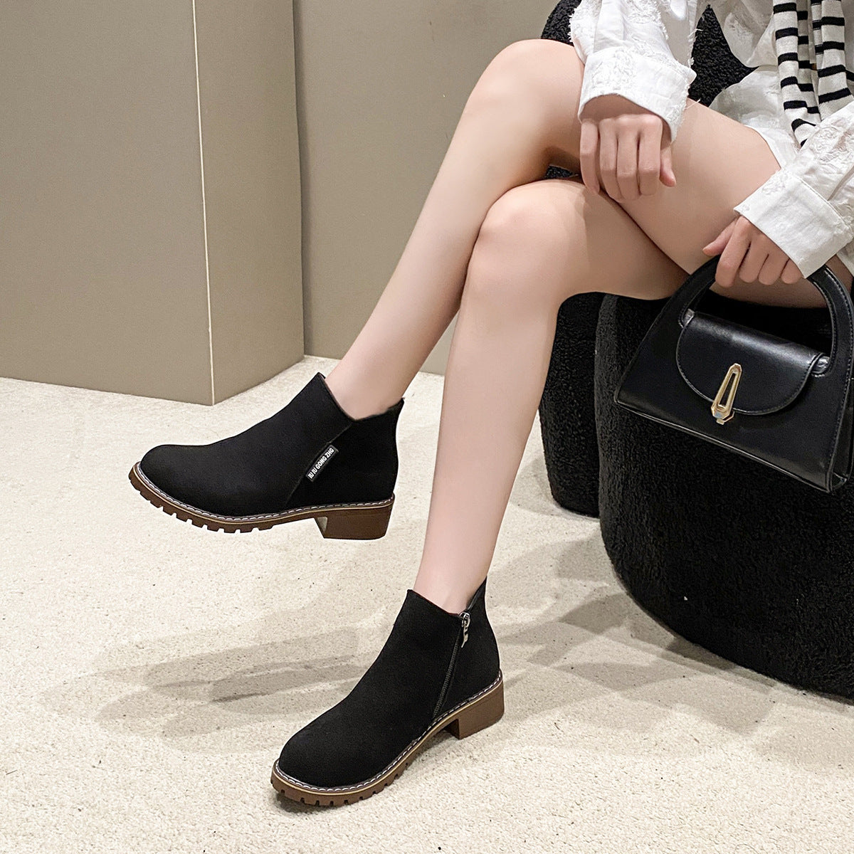 Short Mid Heel Retro Frosted Short Boots Women Thick Heel Flat Side Zipper Martin Boots