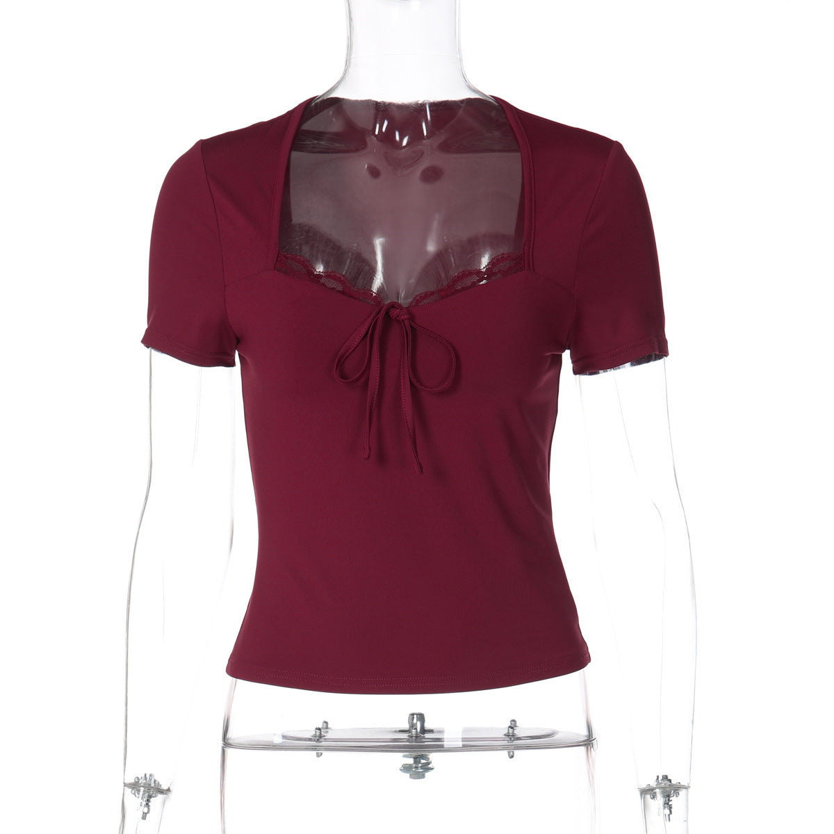Women Clothing Winter Lace Flounce Trim Lace up Slim Fit Sexy Short Sleeve Top T shirt