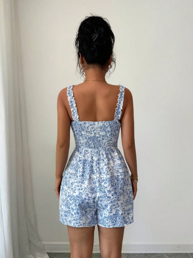 Arrival Floral Jumpsuit Women Summer Waist Slimming Square Collar Shorts Vacation Women Clothing